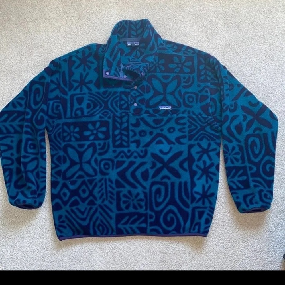 RARE Patagonia Vintage 1995 Island Block Dark Teal Pataloha SnapT Fleece
